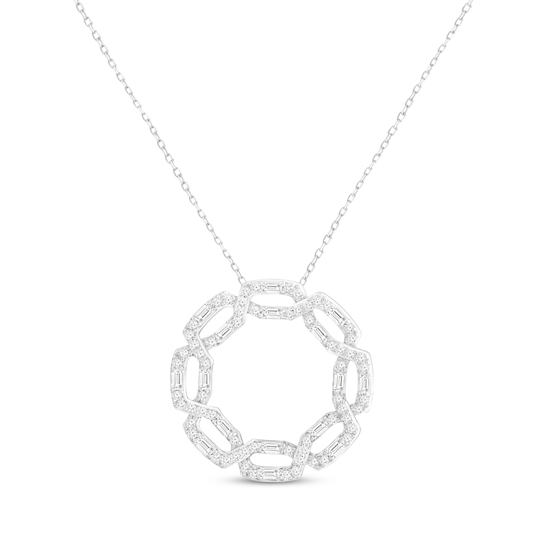 Diamond Hexagon Circle Necklace 1/2 ct tw Round & Baguette-cut White Gold Plated 18"