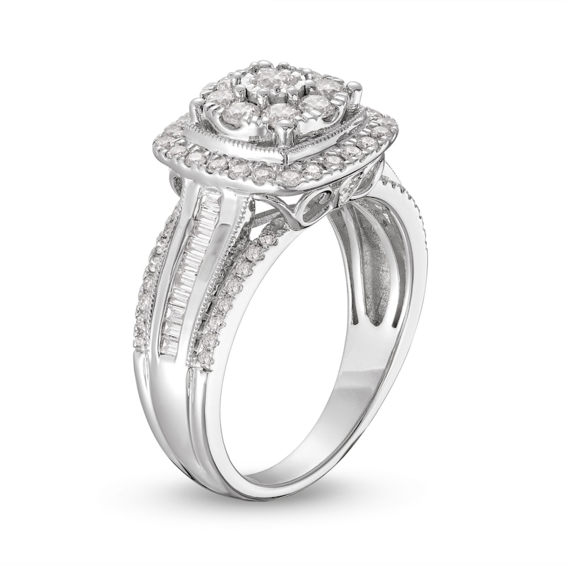 Diamond Engagement Ring 1 ct tw Round & Baguette White Gold Plated