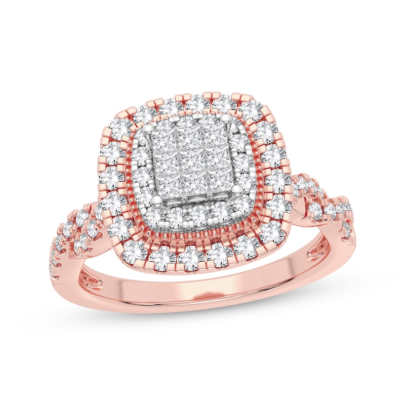 Multi-Diamond Cushion Engagement Ring 3/8 ct tw Princess & Round-cut Rose Gold Plated