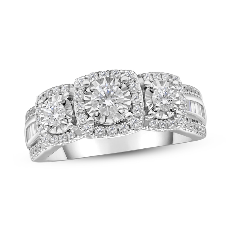 3 Stone Diamond Engagement Ring 1 ct tw Round/Baguette White Gold Plated