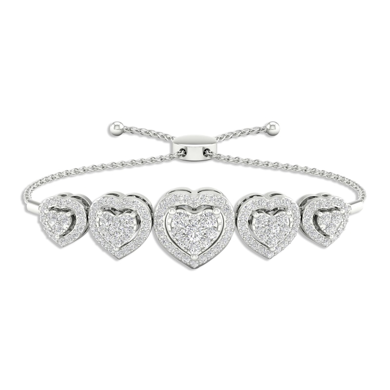 Multi-Diamond Five Heart Bolo Bracelet 1/2 ct tw Round-cut White Gold Plated