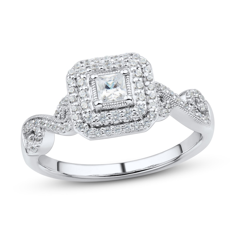 Diamond Engagement Ring 1/2 ct tw Princess & Round White Gold Plated