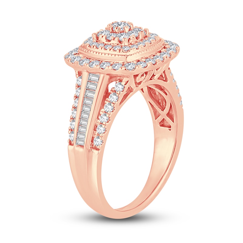 Diamond Engagement Ring 1 ct tw Round & Baguette-Cut Rose Gold Plated