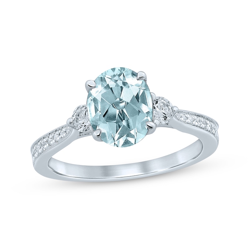 Oval Aquamarine Engagement Ring 1/3 ct tw Round-cut Diamonds White Gold Plated