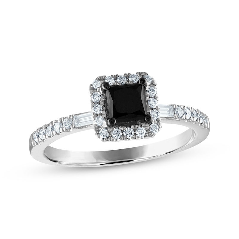 Princess-Cut Black Diamond & White Diamond Halo Engagement Ring 1 ct tw White Gold Plated