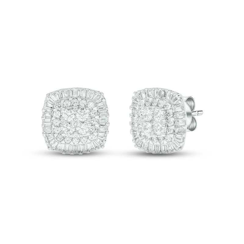 Diamond Cushion Earrings 1 ct tw Round & Baguette-cut White Gold Plated