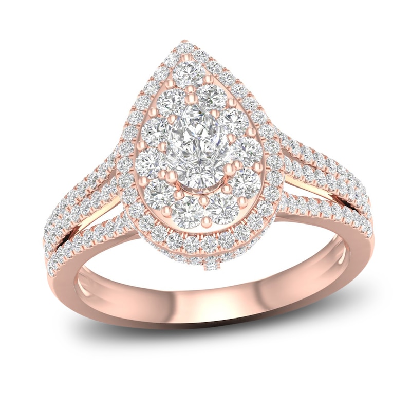 Multi-Diamond Engagement Ring 1-1/5 ct tw Pear & Round-cut Rose Gold Plated