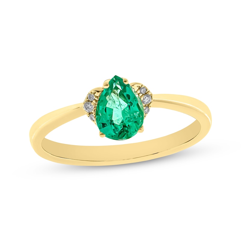 Pear-Shaped Emerald & Diamond Accent Ring Yellow Gold Plated