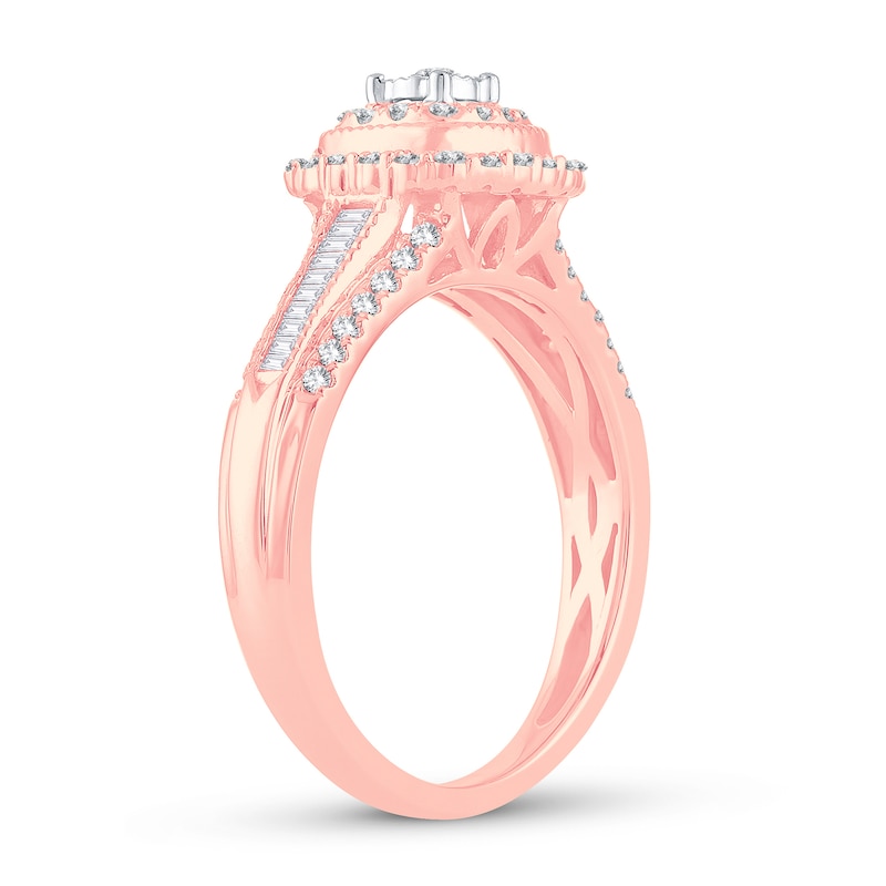 Diamond Engagement Ring 1/2 ct tw Round & Baguette Rose Gold Plated