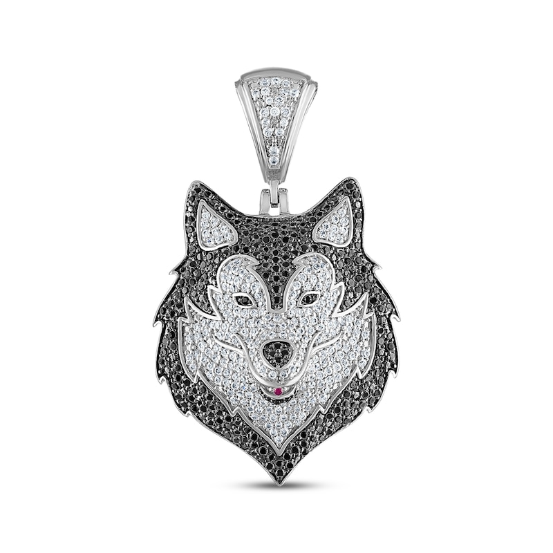 Black & White Diamond & Ruby Wolf Charm 1-1/2 ct tw White Gold Plated