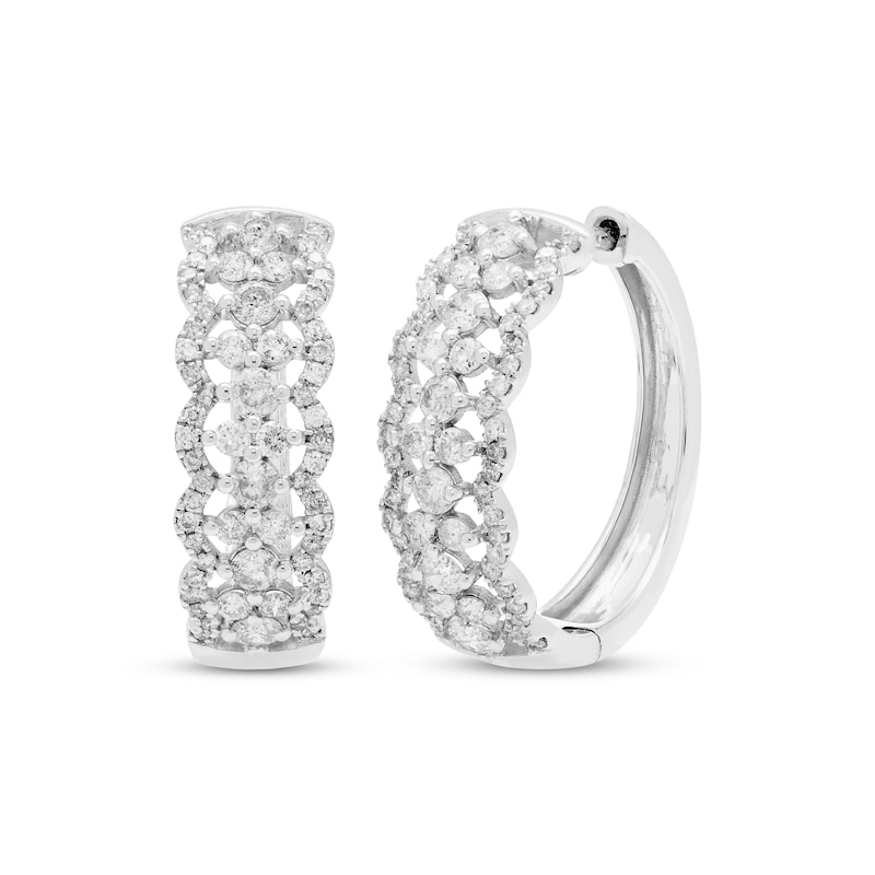 Diamond Scalloped Hoop Earrings 1 ct tw White Gold Plated