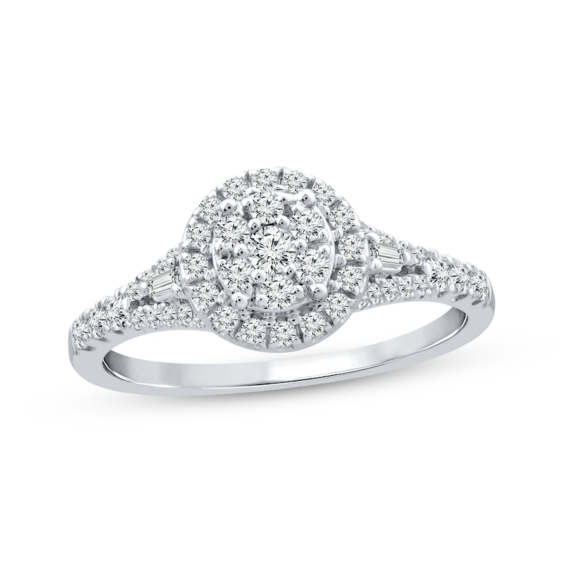 Multi-Diamond Engagement Ring 1/2 ct tw Round & Baguette White Gold Plated