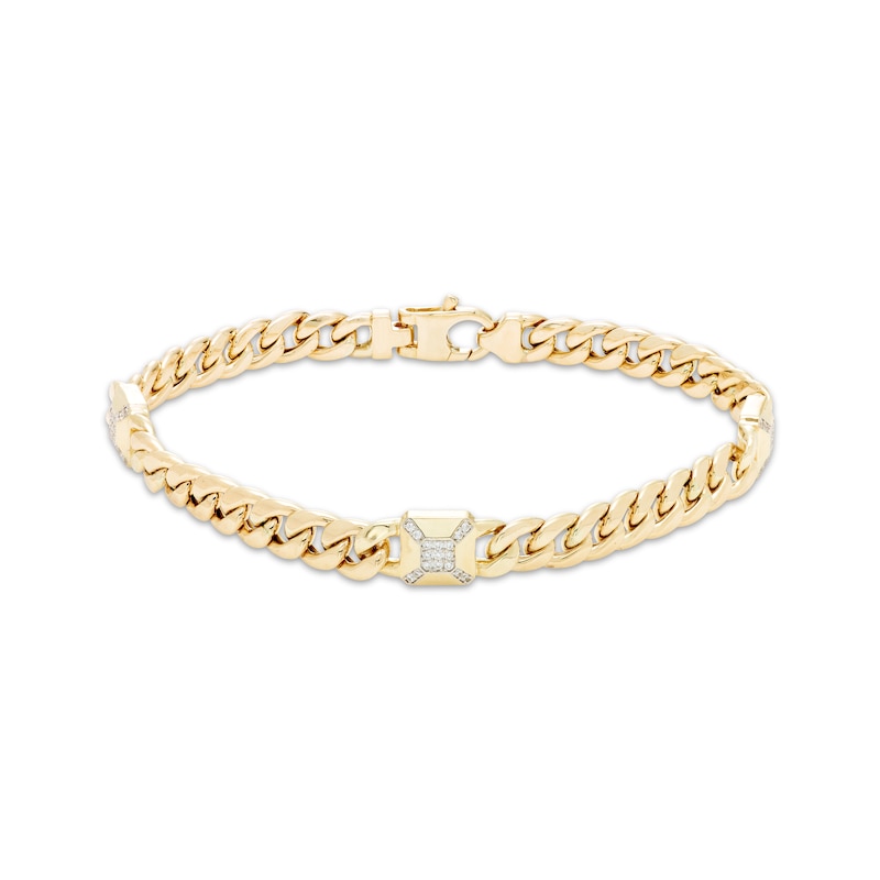 Men's Diamond Station Solid Cuban Curb Chain Bracelet 1/4 ct tw Yellow Gold Plated 8.5"