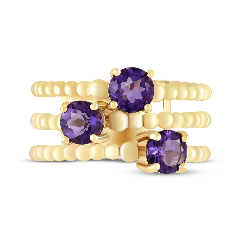 Amethyst Three-Row Beaded Ring Yellow Gold Plated