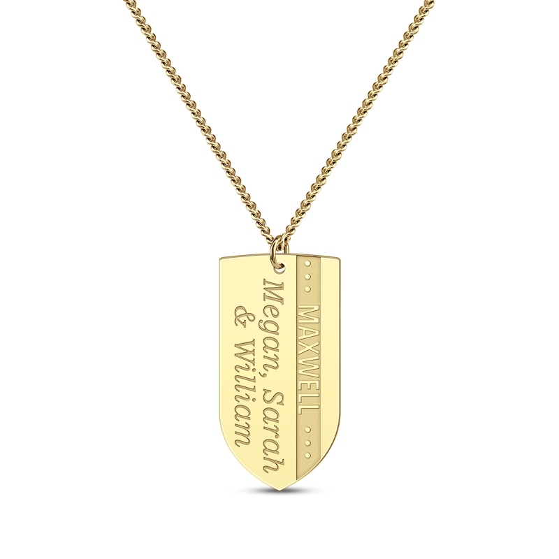 Men's Engraved Names Shield Necklace Yellow Gold Plated 22"