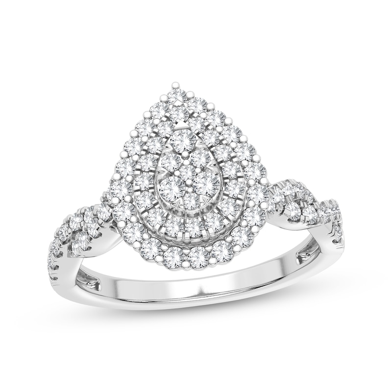 Multi-Diamond Center Pear Twist Engagement Ring 3/8 ct tw Round-cut White Gold Plated