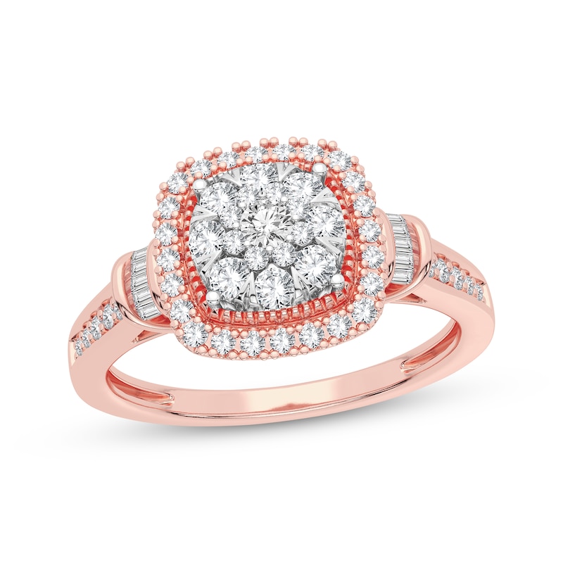 Multi-Diamond Center Cushion Engagement Ring 3/8 ct tw Round & Baguette-cut Rose Gold Plated