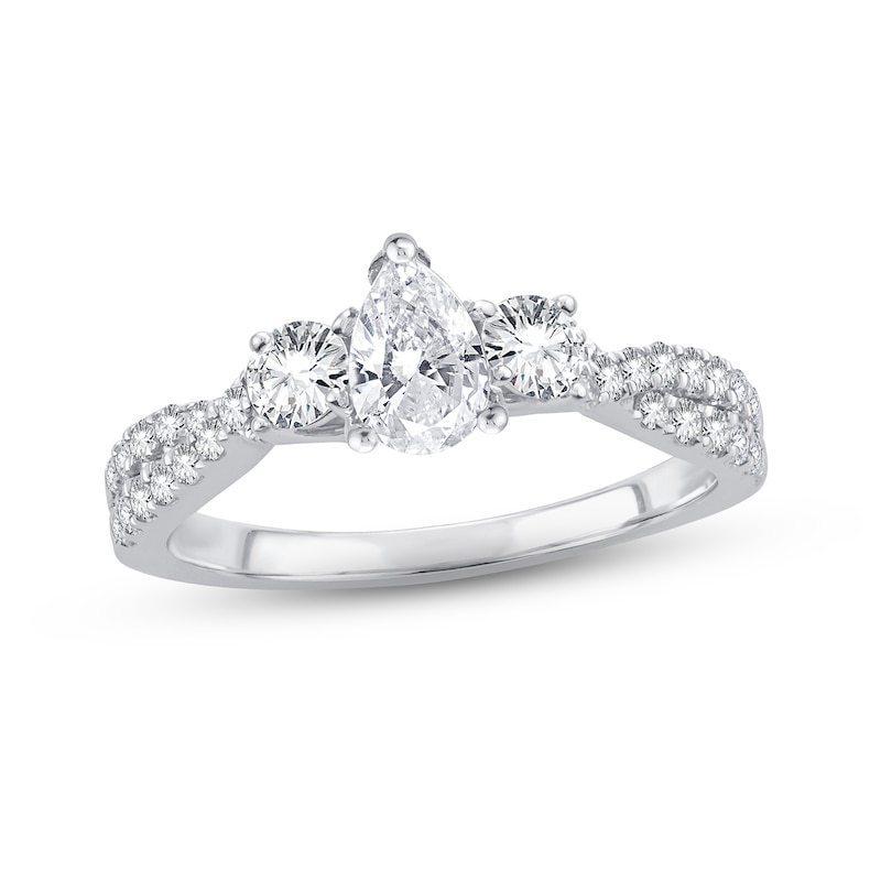 Diamond Engagement Ring Pear & Round 1 ct tw White Gold Plated