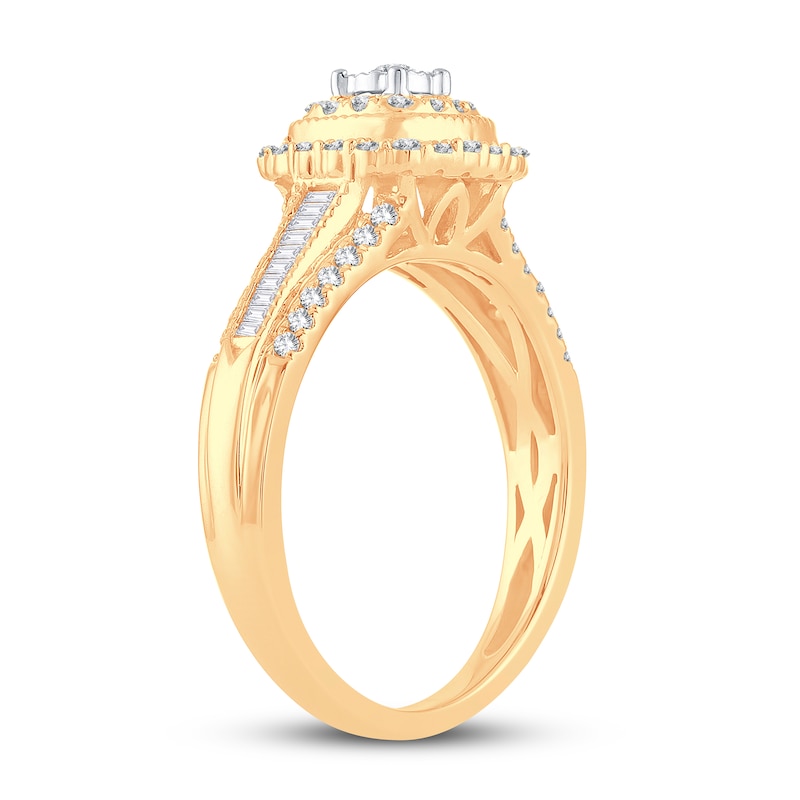 Diamond Engagement Ring 1/2 ct tw Round & Baguette Yellow Gold Plated