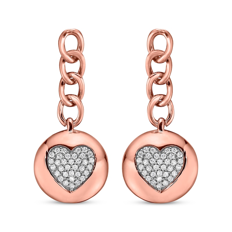 Diamond Chain Link Heart Dangle Earrings 1/4 ct tw Rose Gold Plated