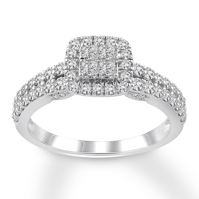 Diamond Engagement Ring 3/4 ct tw Princess & Round-cut White Gold Plated