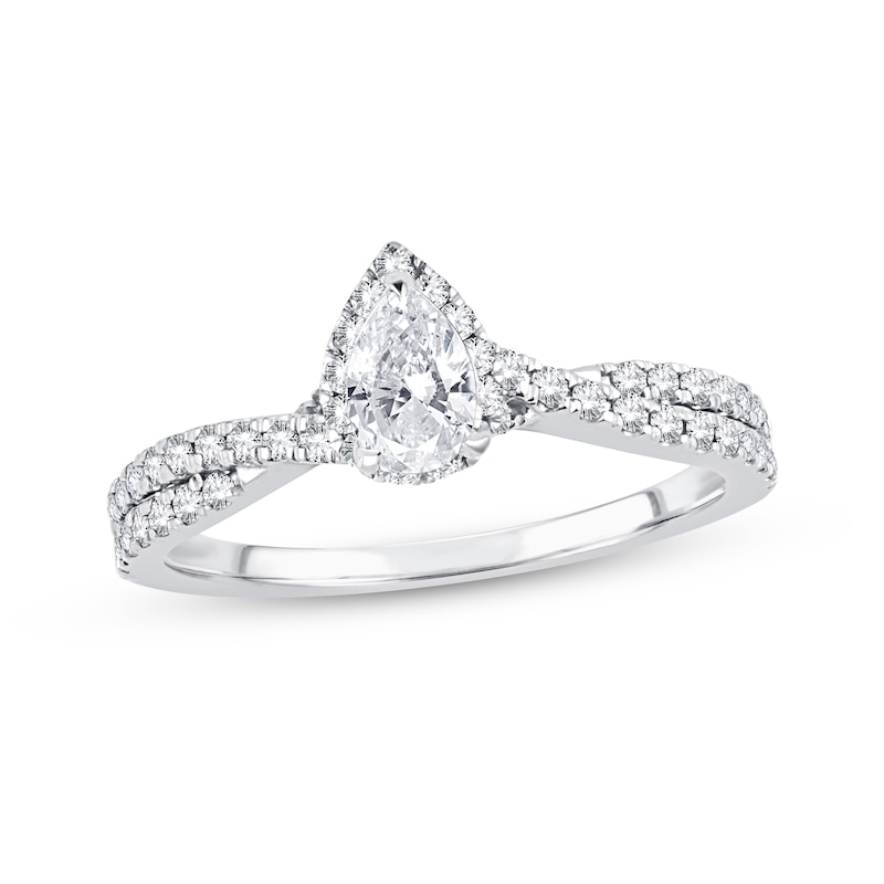 Diamond Engagement Ring 3/4 ct tw Pear & Round White Gold Plated