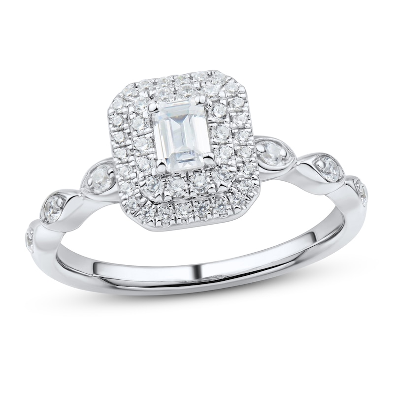 Diamond Engagement Ring 1/2 ct tw Emerald & Round White Gold Plated