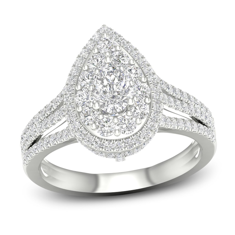 Multi-Diamond Engagement Ring 1-1/5 ct tw Pear & Round-cut White Gold Plated