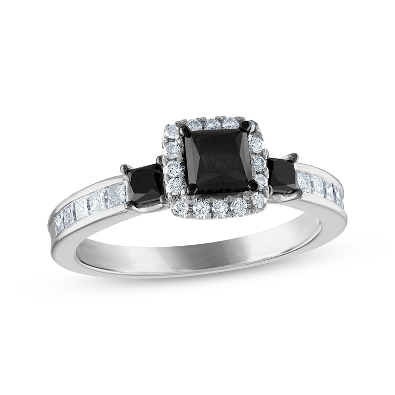 Princess-Cut Black Diamond & White Diamond Engagement Ring 1-1/4 ct tw White Gold Plated
