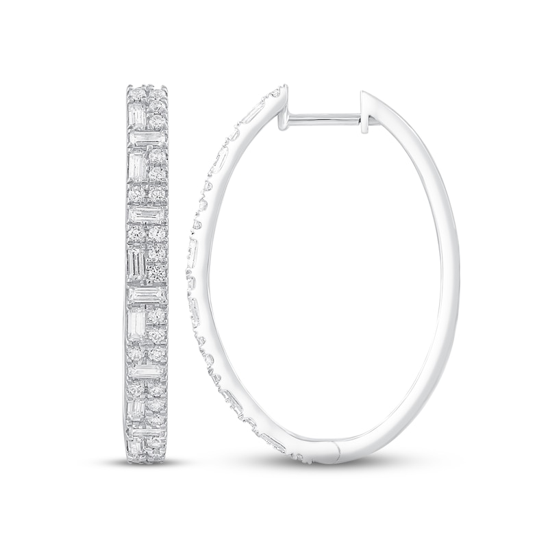 Diamond Hoop Earrings 1 ct tw Round & Baguette-cut White Gold Plated