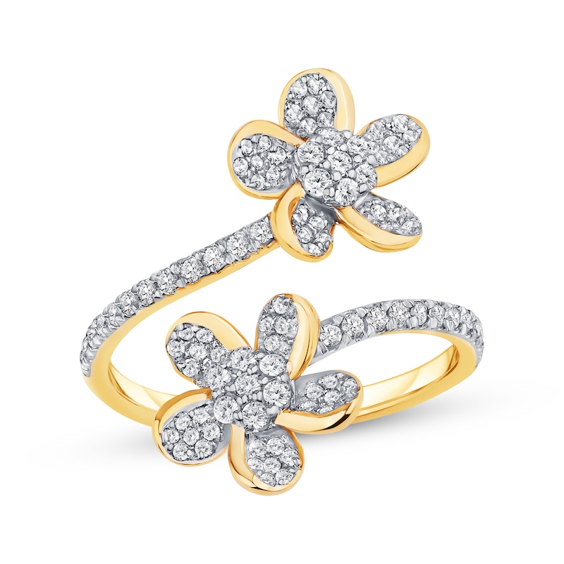 Diamond Plumeria Flower Bypass Ring 1/2 ct tw Yellow Gold Plated