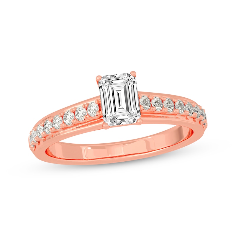 Emerald & Round-Cut Diamond Engagement Ring 3/4 ct tw Rose Gold Plated