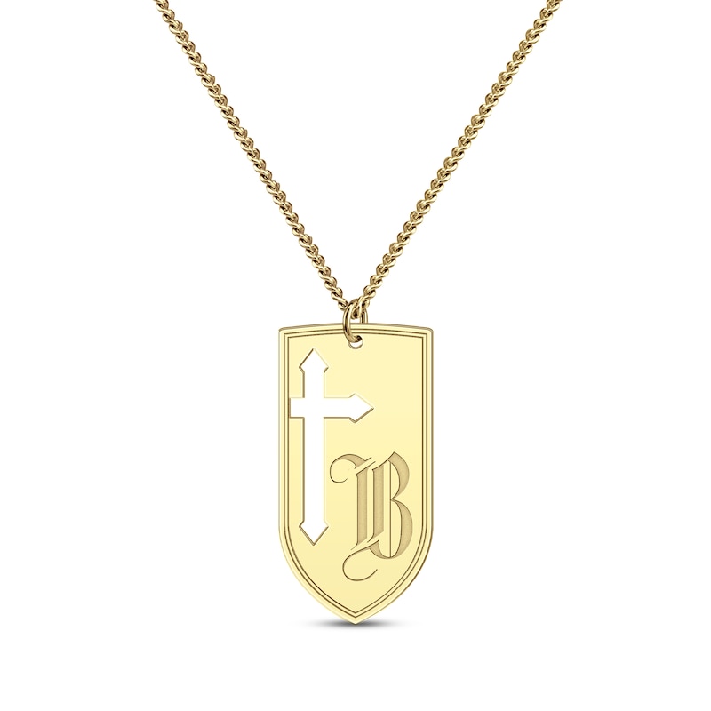 Men's Cutout Cross & Initial Shield Necklace Yellow Gold Plated 22"