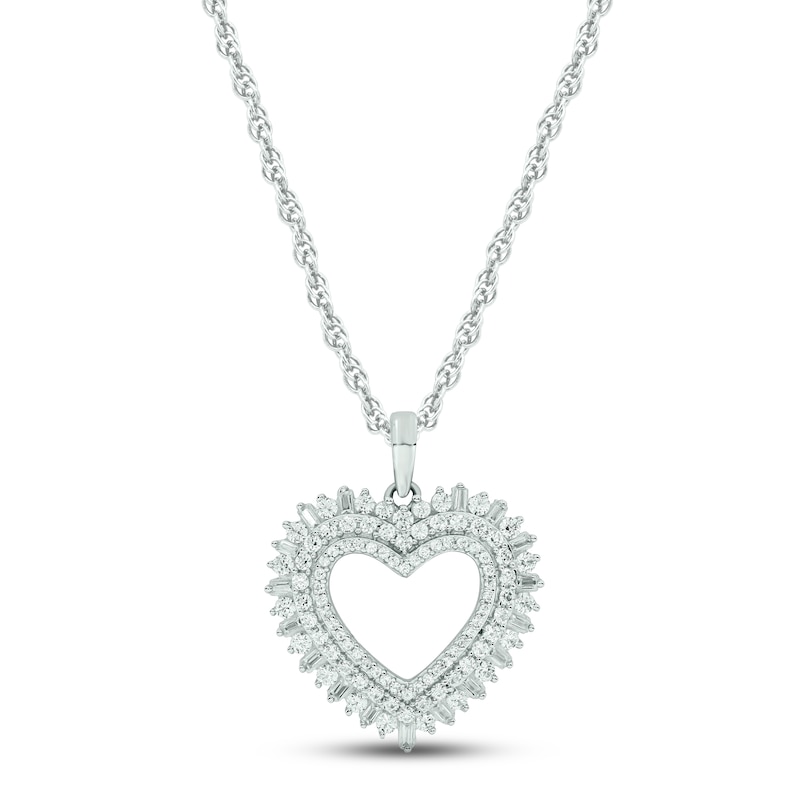 Diamond Heart Necklace 3/4 ct tw Round & Baguette-cut White Gold Plated 18"