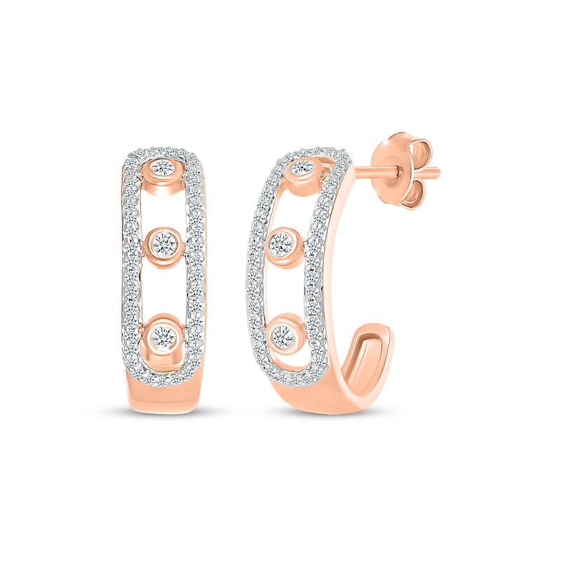 Diamond Three-Stone Bezel Open Hoop Earrings 1/3 ct tw Rose Gold Plated