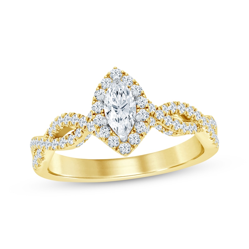 Diamond Halo Engagement Ring 3/4 ct tw Marquise & Round-cut Yellow Gold Plated