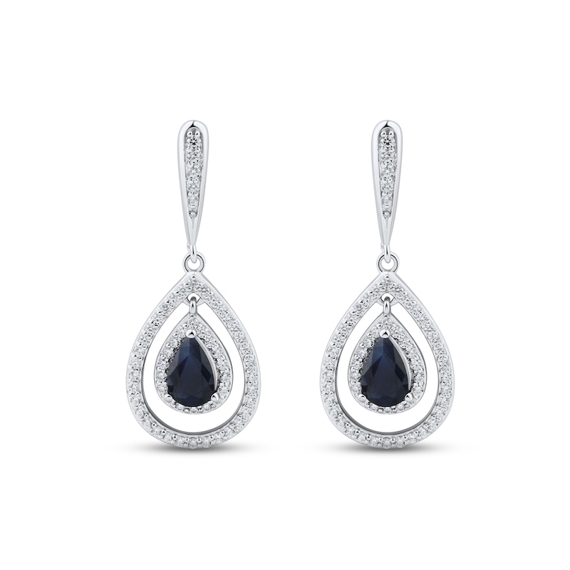Blue Sapphire & Diamond Dangle Earrings 3/8 ct tw Round-cut White Gold Plated
