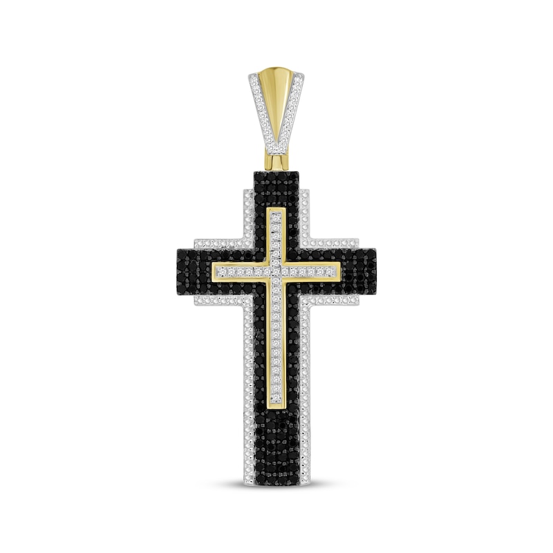 Men's Black & White Diamond Cross Charm 1 ct tw Yellow Gold Plated