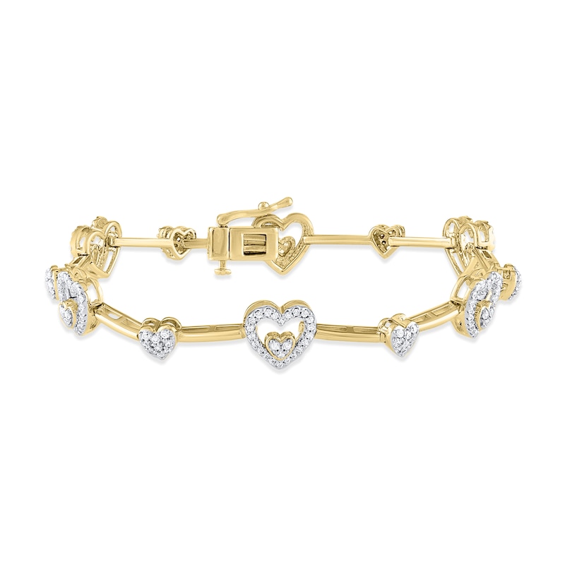 Diamond Heart Link Bar Bracelet 1 ct tw Round-cut Yellow Gold Plated 7"