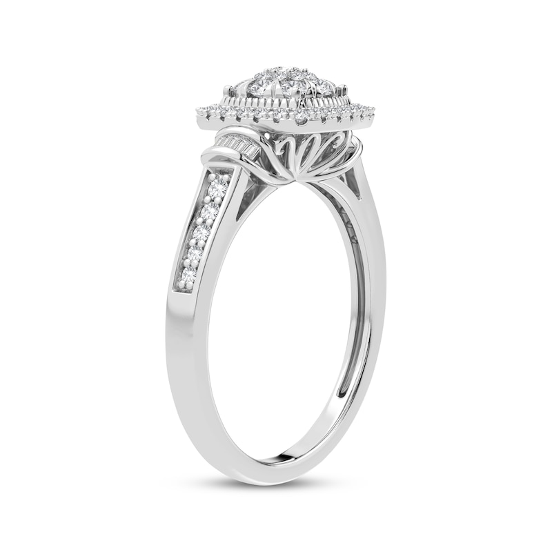 Multi-Diamond Center Cushion Engagement Ring 3/8 ct tw Round & Baguette-cut White Gold Plated