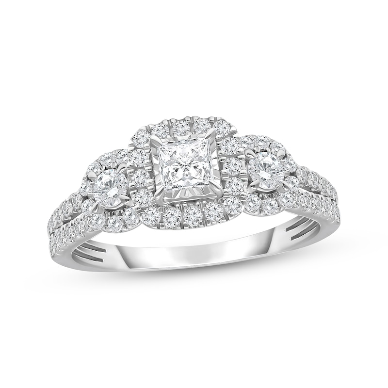 Princess & Round-Cut Diamond Three-Stone Engagement Ring 1 ct tw White Gold Plated