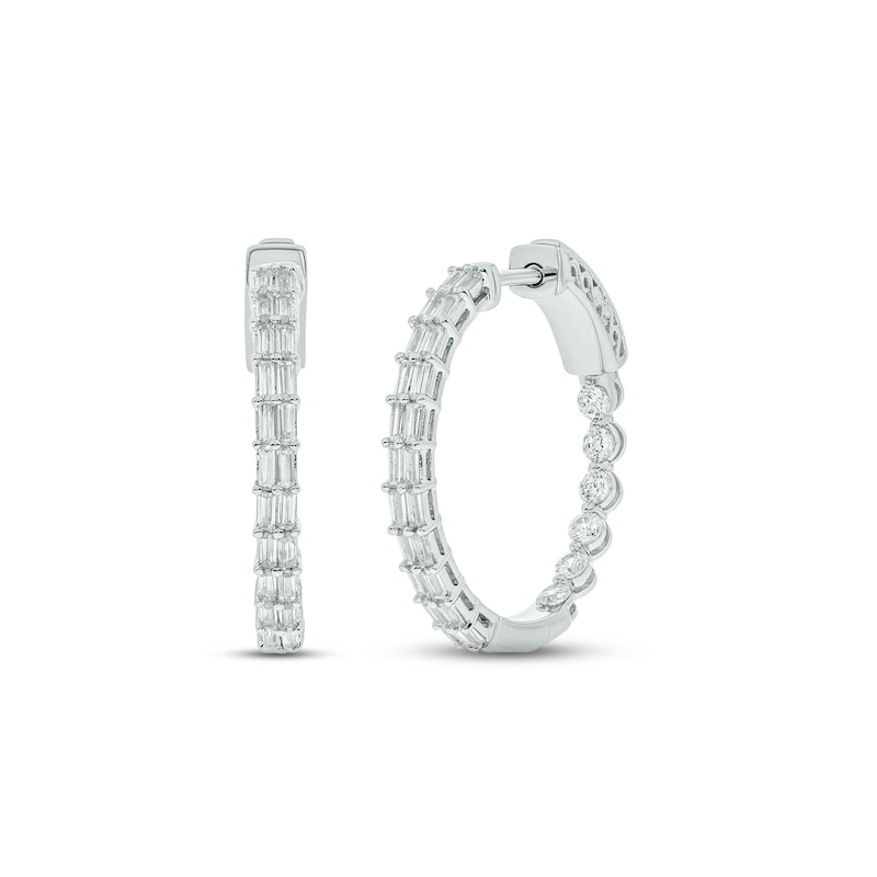 Diamond Hoop Earrings 1 ct tw Baguette & Round-cut White Gold Plated