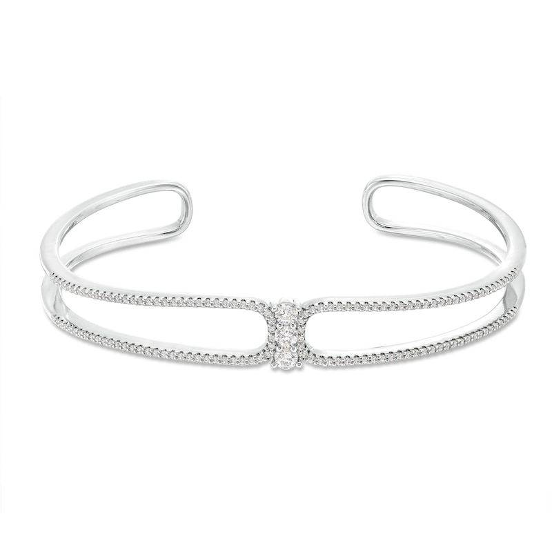 Diamond Three-Stone Cuff Bangle Bracelet 1 ct tw Round-cut White Gold Plated