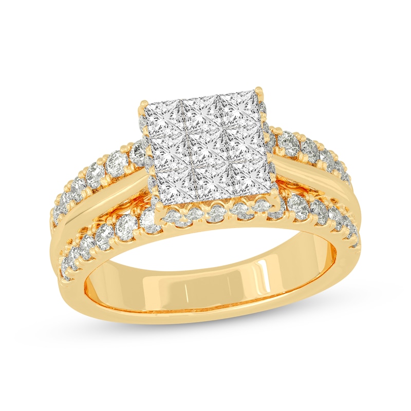 Princess & Round-Cut Multi-Diamond Center Engagement Ring 2 ct tw Yellow Gold Plated