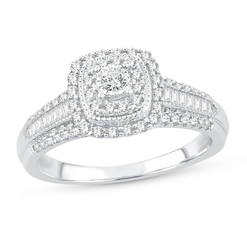Diamond Engagement Ring 1/2 ct tw Round & Baguette White Gold Plated