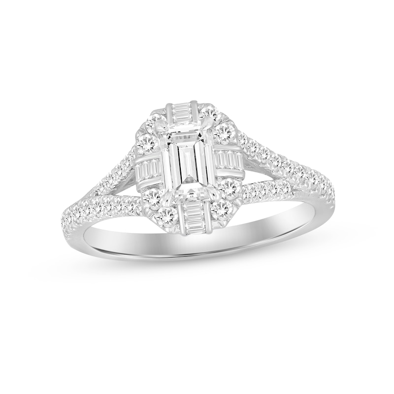 Diamond Engagement Ring 1 ct tw Emerald, Baguette & Round-cut White Gold Plated