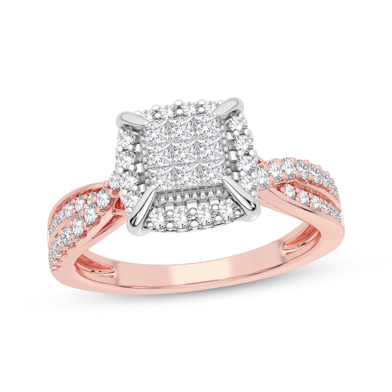 Multi-Diamond Center Engagement Ring 3/8 ct tw Princess & Round-cut Rose Gold Plated