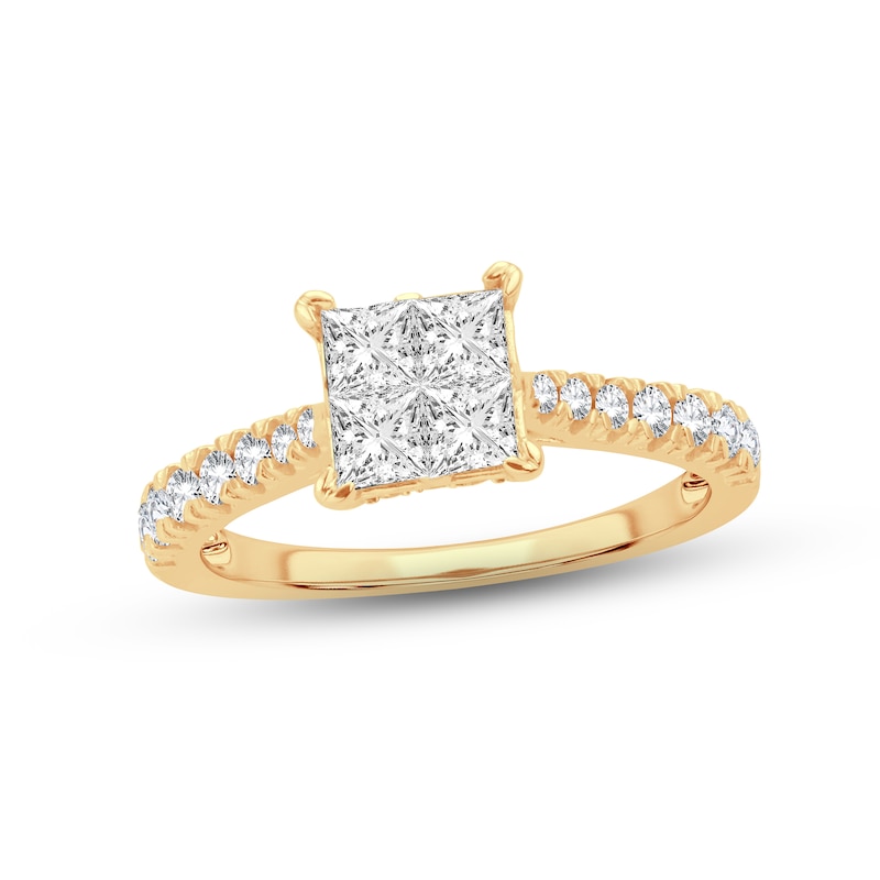 Multi-Diamond Engagement Ring 1-1/4 ct tw Princess & Round-cut Yellow Gold Plated