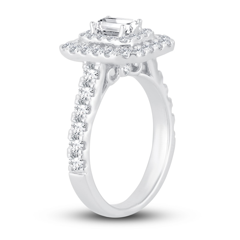 Diamond Engagement Ring 1-1/2 ct tw Emerald & Round-cut White Gold Plated