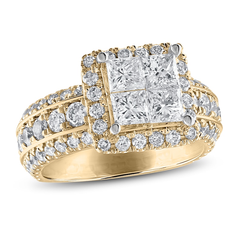 Multi-Diamond Engagement Ring 3 ct tw Princess & Round Yellow Gold Plated